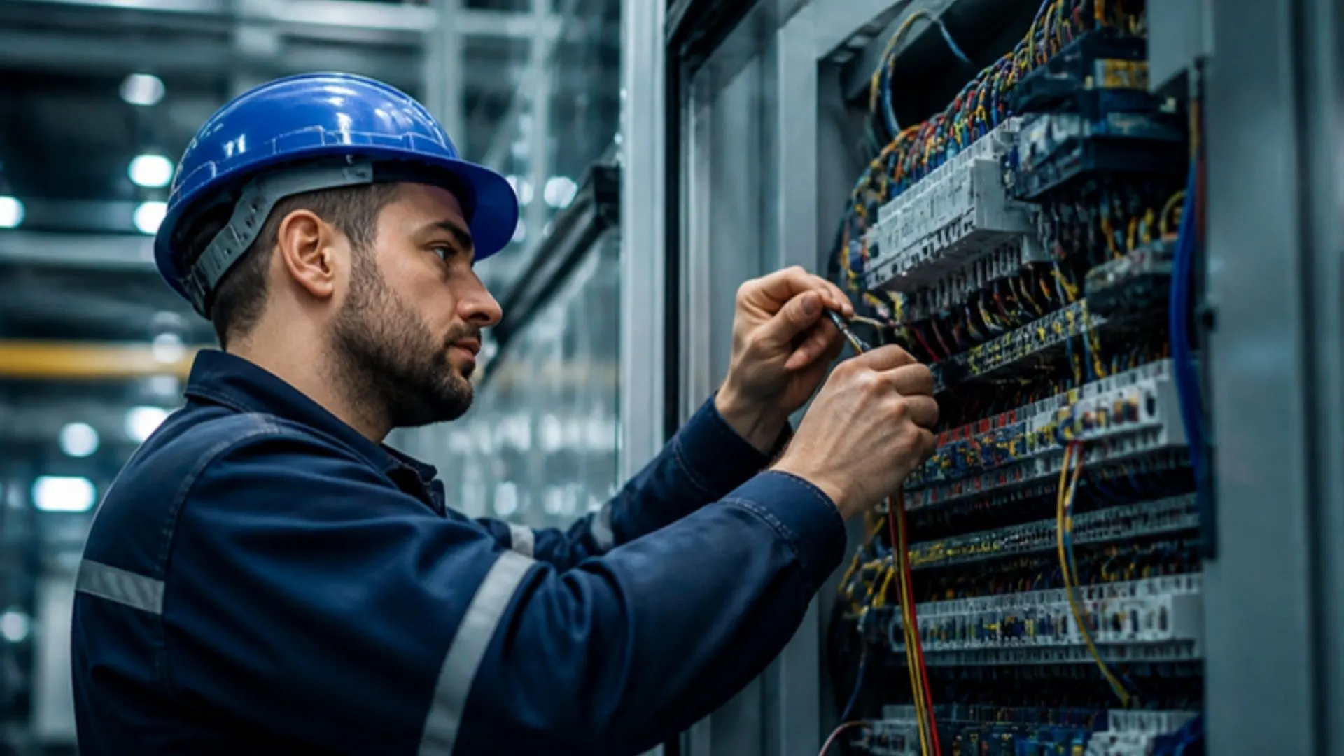 Elektriker verdrahtet einen Schaltschrank